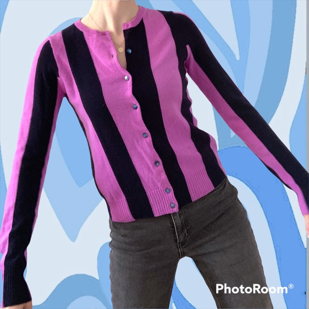 Striped purple and blue J. Crew cashmere cardigan 💜